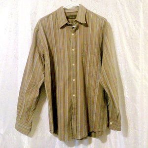 Tasso Elba Men's Brown Stripe Long Sleeve Button Down Cotton Shirt Size Medium *